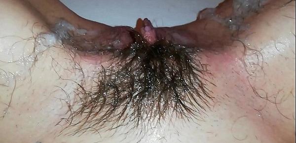  shaving off my extreme hairy big clit cunt in close up